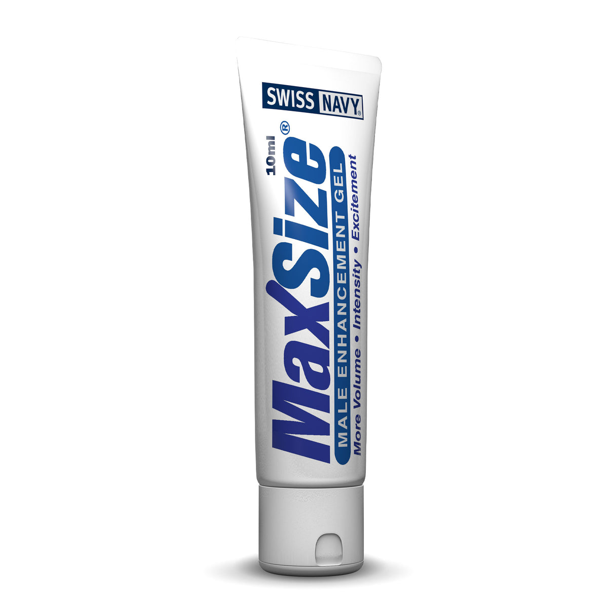 10 ml tube of Max Size Gel male enhancement topical displayed on white background.