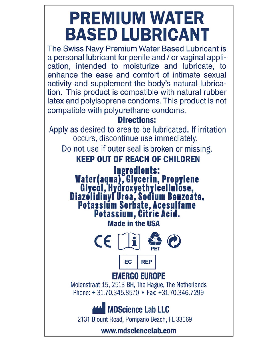 Swiss Navy Water-Based Lubricant 2 fl oz bottle with gel-to-liquid formula guide