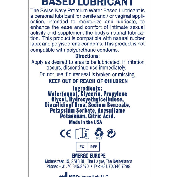 Swiss Navy Water-Based Lubricant 2 fl oz bottle with gel-to-liquid formula guide