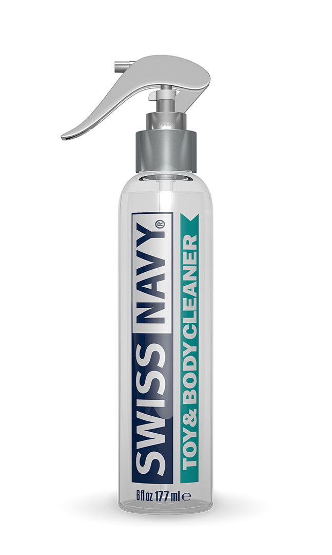 6 fl oz bottle of Swiss Navy Toy & Body Cleaner with tea tree and lavender oil label.