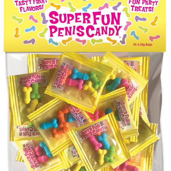Bag of 25 fun-size novelty candies shaped like penises in mixed fruit flavours.