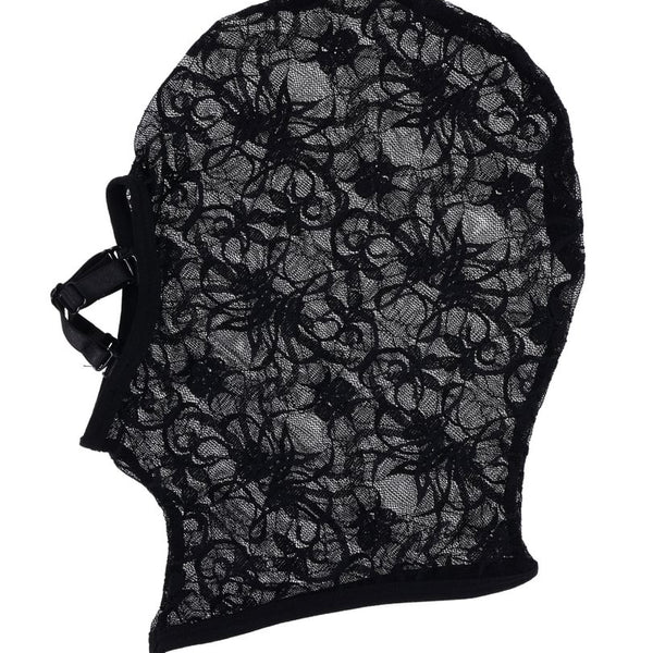 Black floral lace full-coverage hood with removable eye ports.