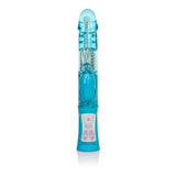 Blue dual-action massager with rotating shaft and bunny attachment displayed on white background.