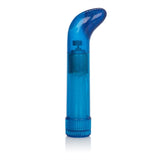 Blue glitter-finish curved massager with twist-base control on white background.