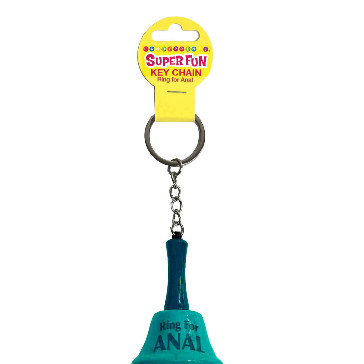 Blue novelty key chain labeled “Ring for Anal” with metal key-ring and tag.
