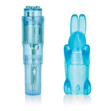 Blue pocket mini massager with bunny sleeve positioned on clean white surface.