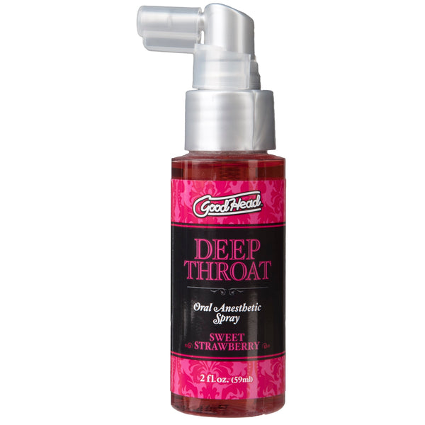 Bottle of GoodHead Deep Throat Spray Sweet Strawberry 2 fl oz on white background.