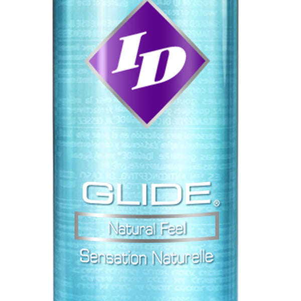 Bottle of ID Glide water-based lubricant 1 fl oz shown on white background.