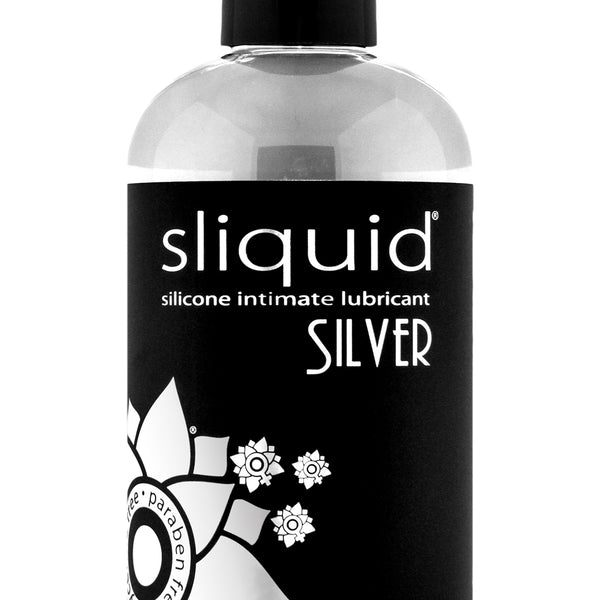 Bottle of Sliquid Naturals Silver premium silicone lubricant 8.5 fl oz displayed on white background.