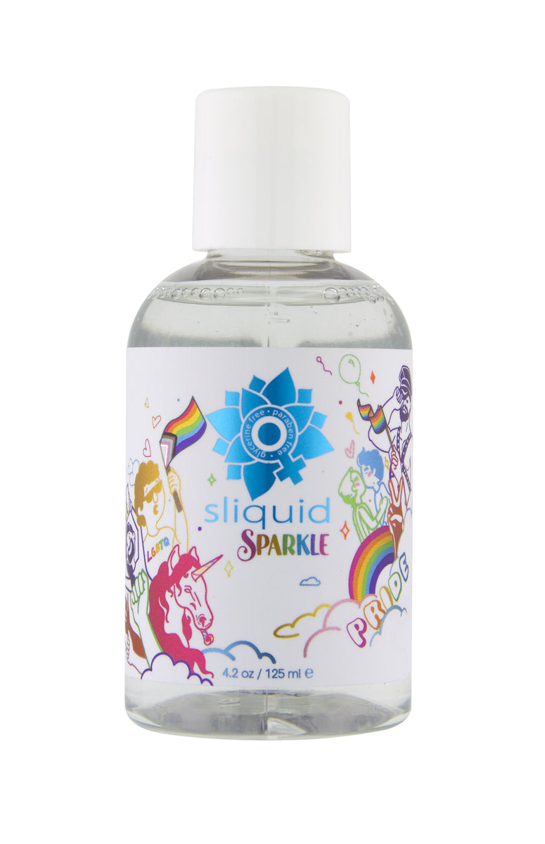 Bottle of Sliquid Sparkle water-based lubricant 4.2 fl oz on white background.