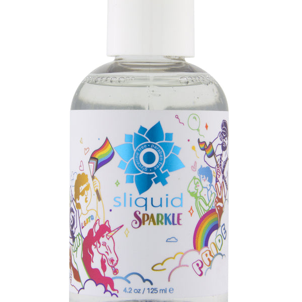 Bottle of Sliquid Sparkle water-based lubricant 4.2 fl oz on white background.