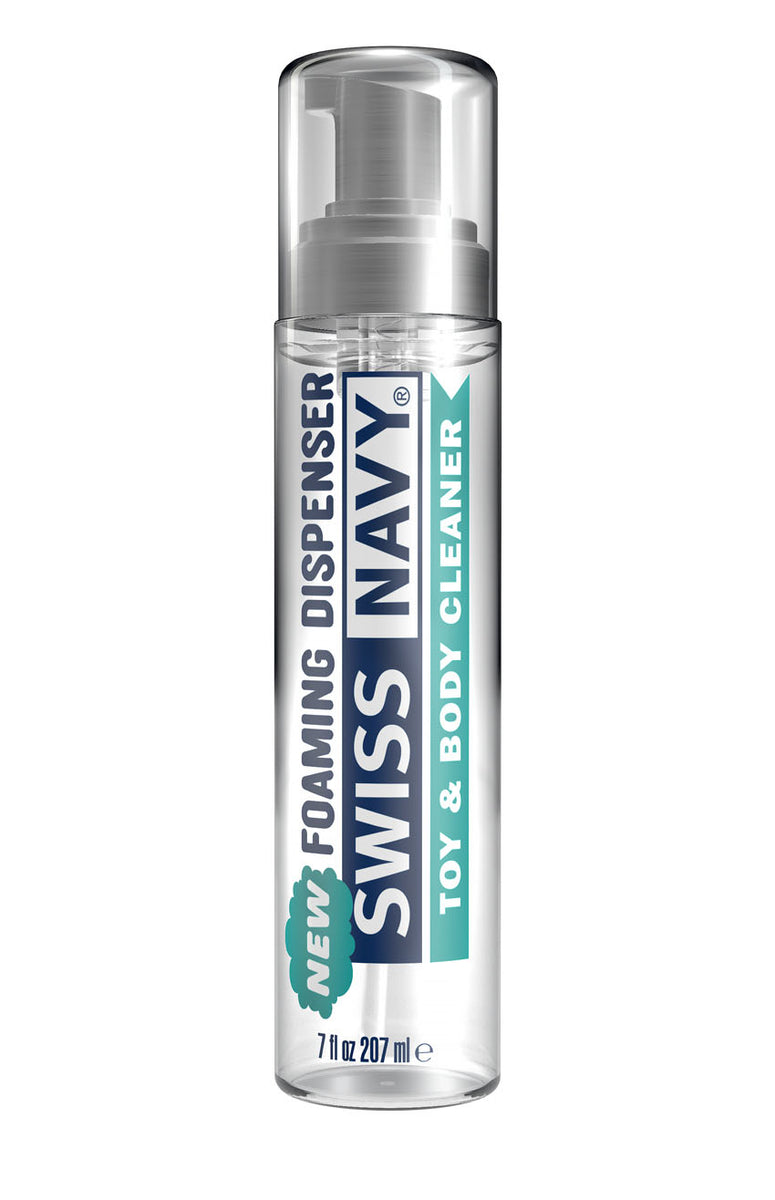 Bottle of Swiss Navy Toy & Body Cleaner 7 fl oz on white background.