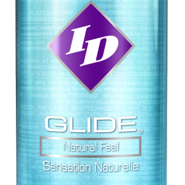 Clear 2.2 fl oz bottle of ID Glide water-based lubricant displayed on white background.