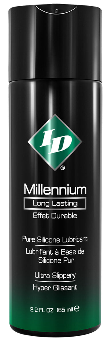 Clear 2.2 fl oz bottle of ID Millennium silicone lubricant displayed on white background.