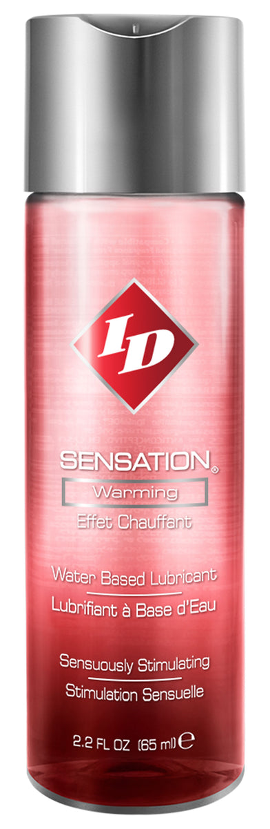 Clear 2.2 fl oz bottle of ID Sensation warming lubricant on white background