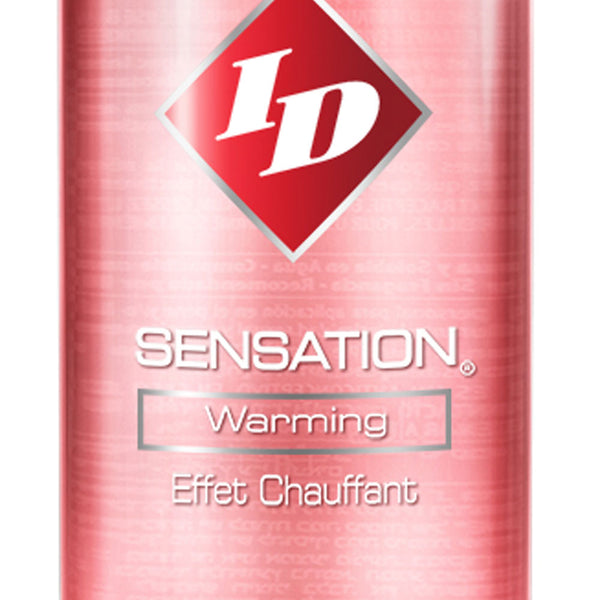 Clear 4.4 fl oz bottle of ID Sensation warming water-based lubricant on white background.