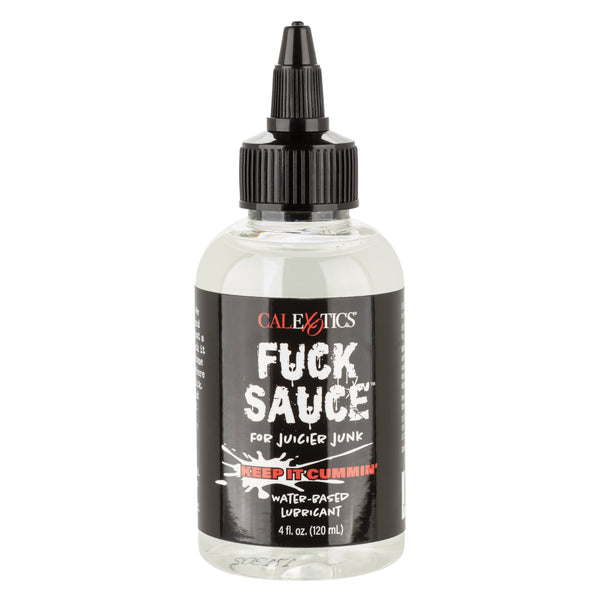 Clear 4 fl oz bottle of Fuck Sauce water-based lubricant displayed on white background.