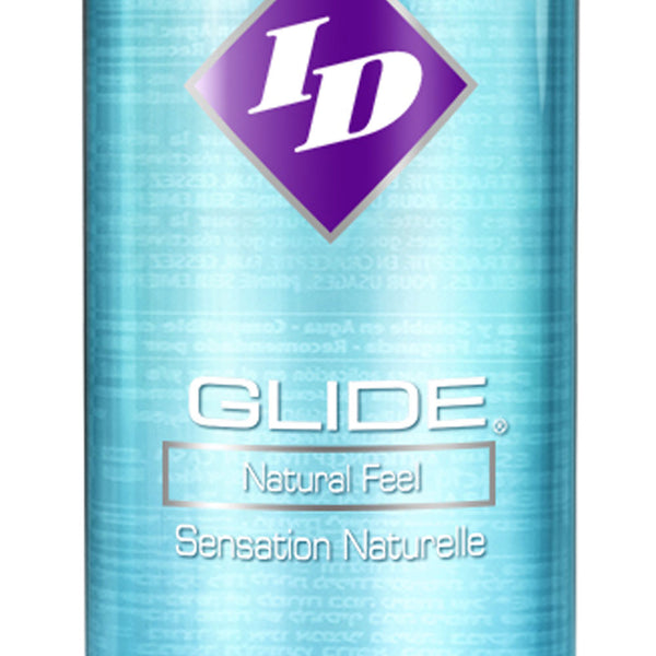 Clear 8.5 fl oz bottle of ID Glide water-based lubricant displayed on white background.