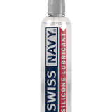 Clear 8 fl oz bottle of Swiss Navy Silicone Lubricant displayed on white background.