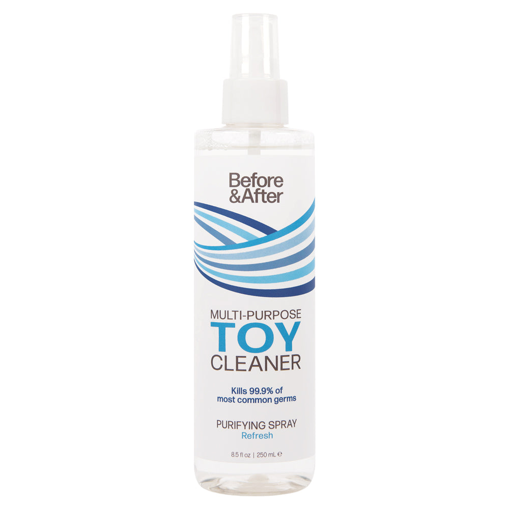 Clear bottle of Before & After Spray Toy Cleaner 8.5 fl oz displayed on white background.