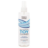 Clear bottle of Before & After Spray Toy Cleaner 8.5 fl oz displayed on white background.