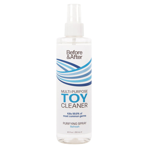 Clear bottle of Before & After Spray Toy Cleaner 8.5 fl oz displayed on white background.