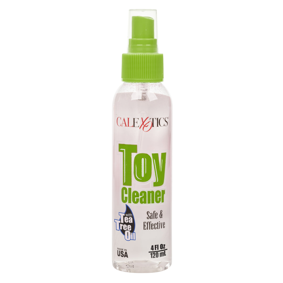 Clear plastic 4 fl oz spray bottle of Tea Tree Oil Toy Cleaner with green label showing tea-tree and lavender branding.