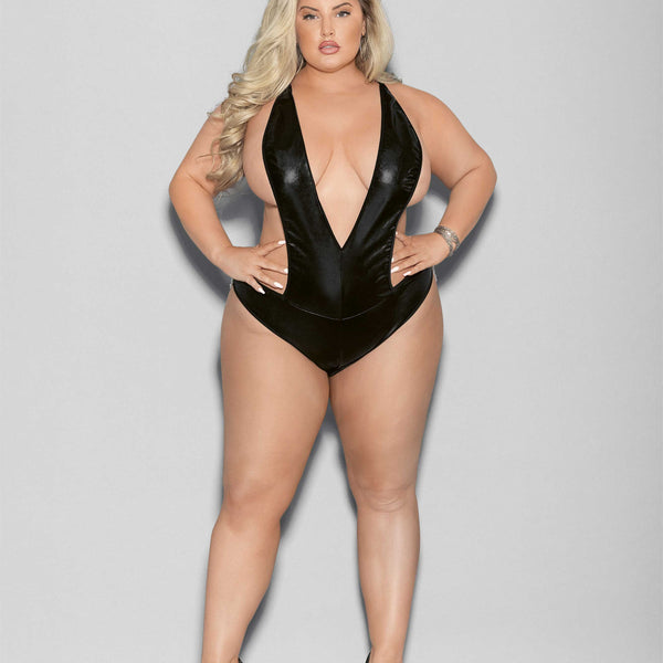 "Liquid Look Chain Back Open Crotch Teddy - Queen Size - Black ES-2123XBLKQ"