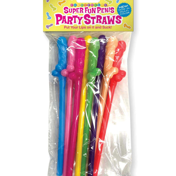 Multicolor reusable plastic novelty straws in playful penis-shaped design for party use.