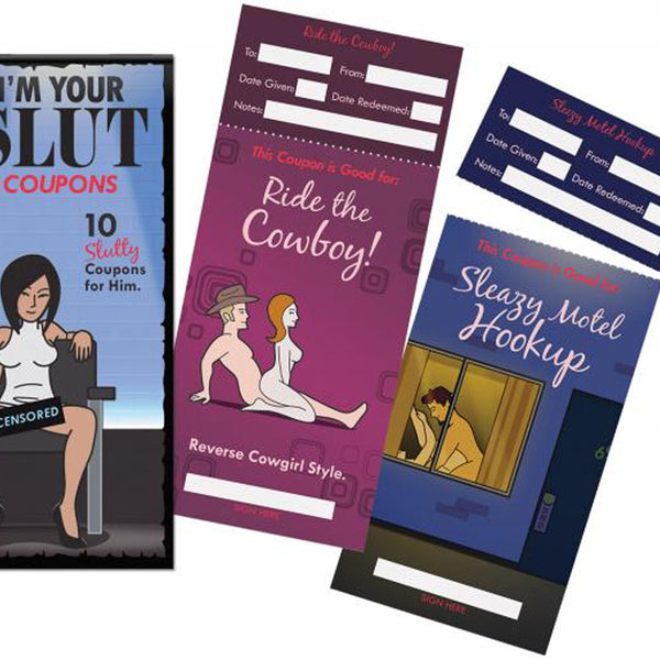 Pack of 10 “I’m Your Slut” novelty redemption coupons with tongue-in-cheek design.