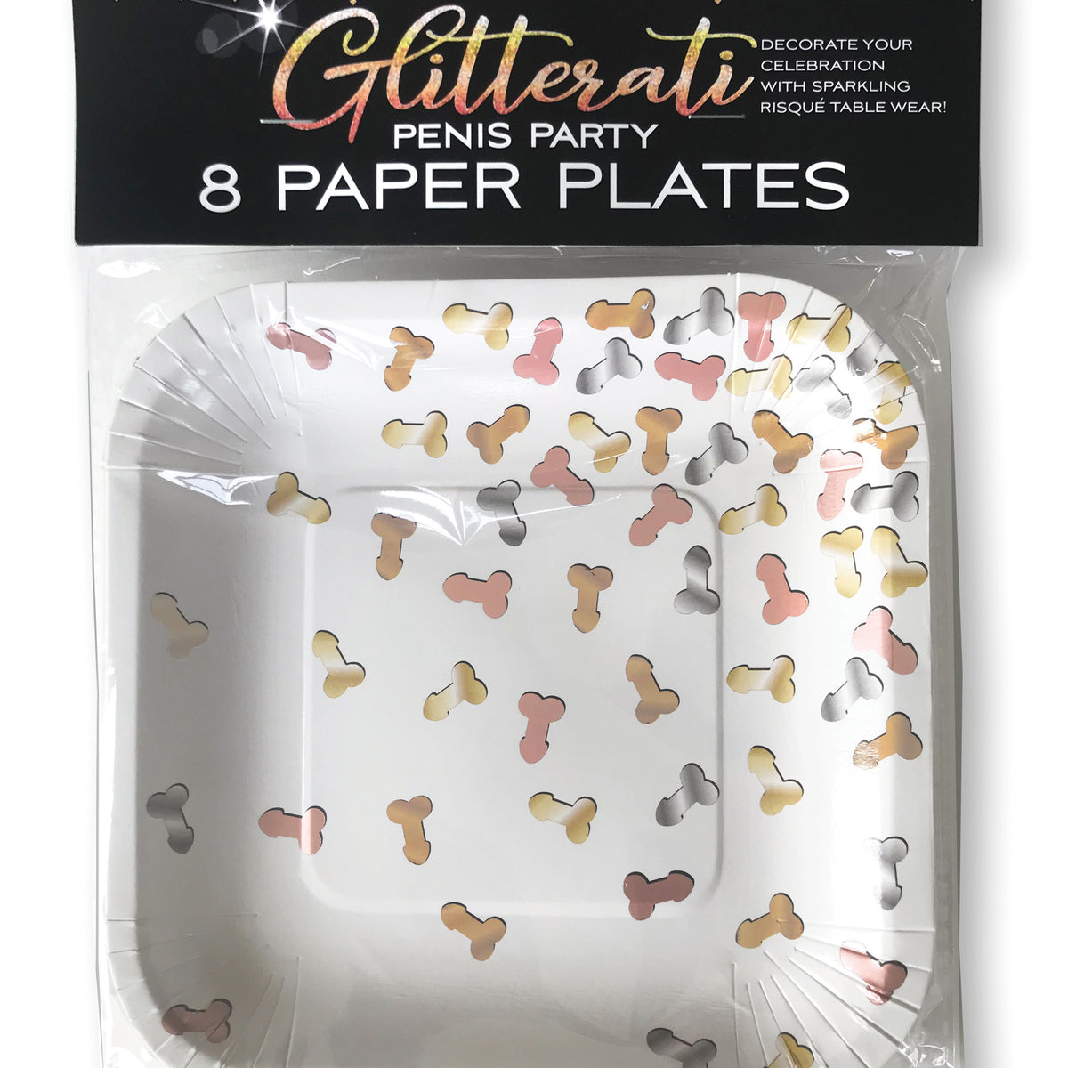 Pack of 8 paper plates printed with metallic gold, silver, rose-gold and bronze penis designs.
