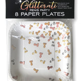 Pack of 8 paper plates printed with metallic gold, silver, rose-gold and bronze penis designs.
