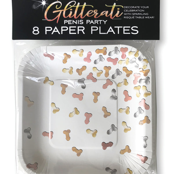 Pack of 8 paper plates printed with metallic gold, silver, rose-gold and bronze penis designs.