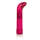 Pink glitter-finish curved massager with twist base displayed on light surface.