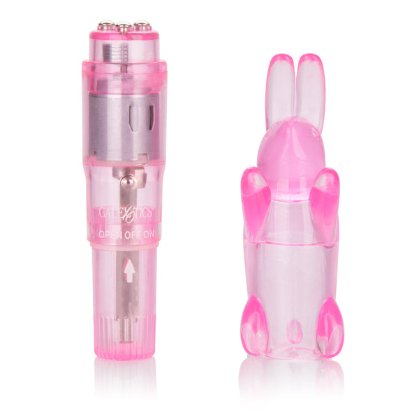 Pink mini pocket massager with bunny sleeve shown on white background