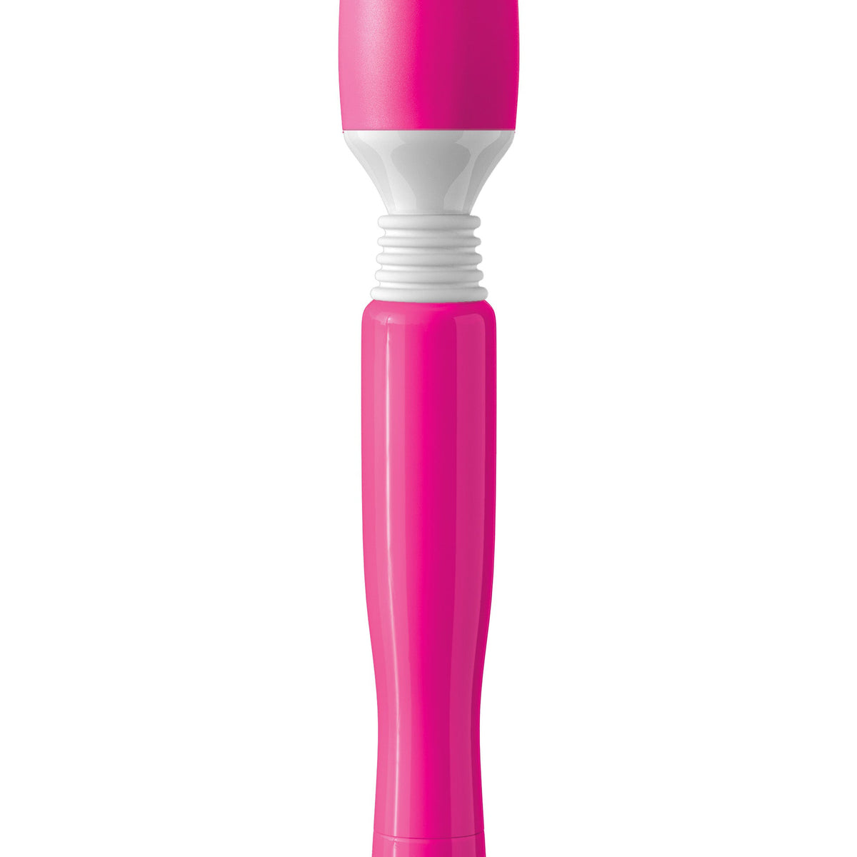 Pink mini wand massager with flexible neck positioned on clean white surface.