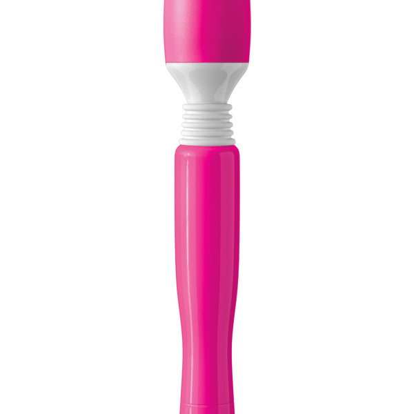Pink mini wand massager with flexible neck positioned on clean white surface.