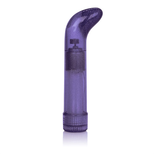 Purple glitter-finish curved massager with twist-base control shown on light surface.