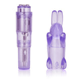 Purple mini massager with soft bunny-ear sleeve displayed on white background.