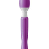Purple mini wand massager with flexible neck and twist-dial control on light background.