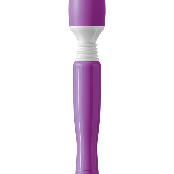 Purple mini wand massager with flexible neck and twist-dial control on light background.