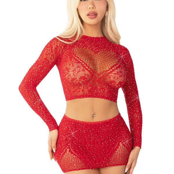 "Red 2pc Rhinestone Lace and Net Crop Top with - Heart Keyhole Mini Skirt - Os LA-81668REDOS"