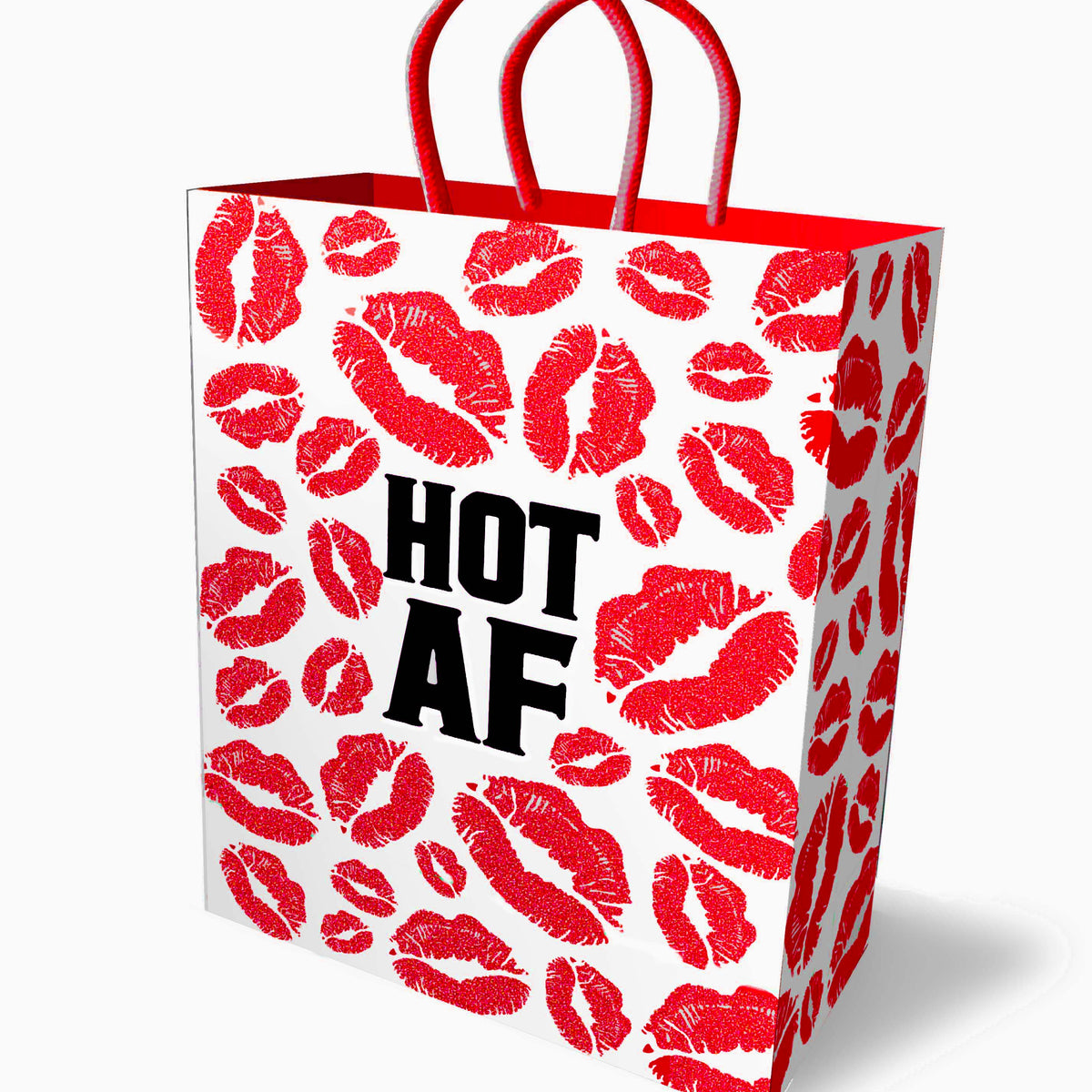 Red 10-inch gift bag printed with “HOT AF” and red glitter lips pattern with woven handle.