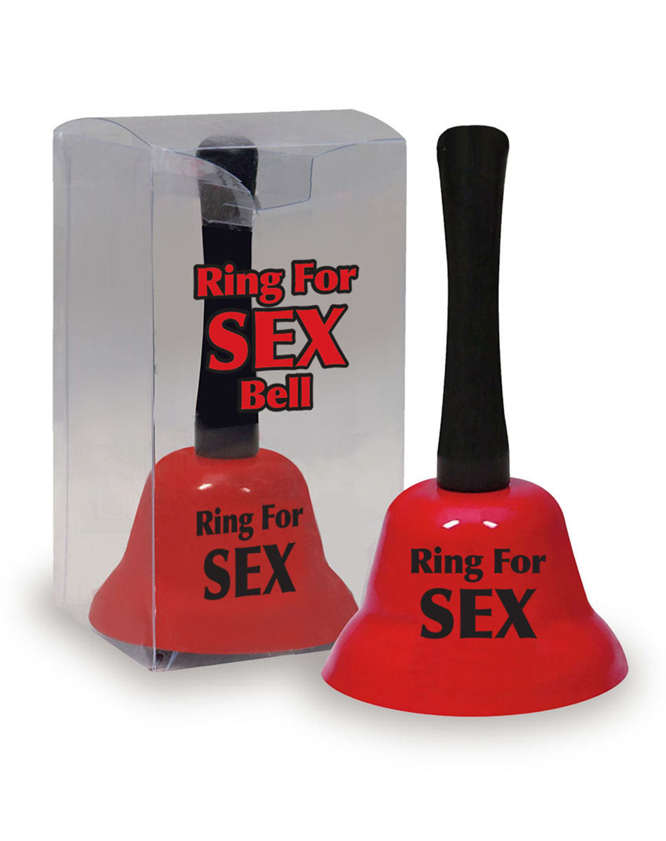 Red desk bell with chrome base and “Ring for Sex” printed on the top.