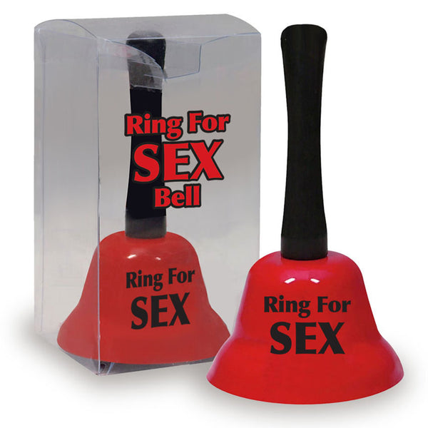 Red desk bell with chrome base and “Ring for Sex” printed on the top.