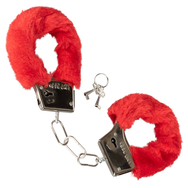 Red faux fur metal handcuffs with keys and safety release