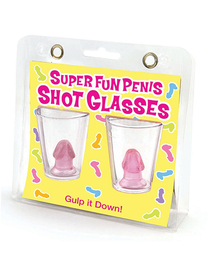 Set of two plastic shot glasses with novelty penis-shaped figures inside, clear design.