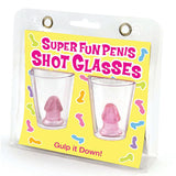 Set of two plastic shot glasses with novelty penis-shaped figures inside, clear design.