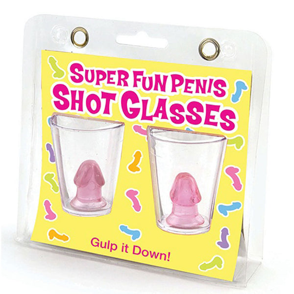 Set of two plastic shot glasses with novelty penis-shaped figures inside, clear design.
