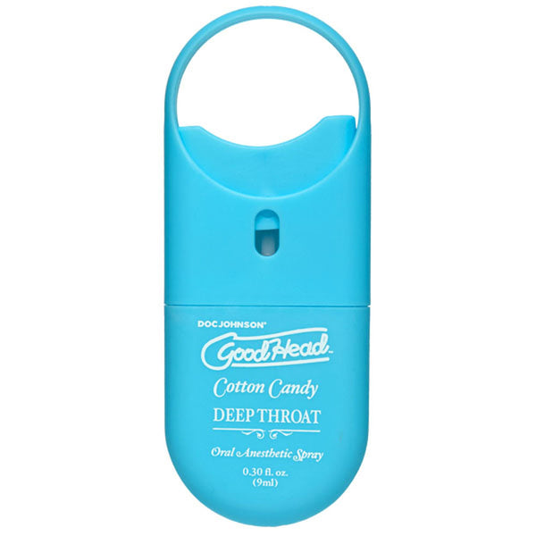 Small 0.30 fl oz bottle of GoodHead Deep Throat Spray To-Go cotton candy flavor with key-loop cap on white background.